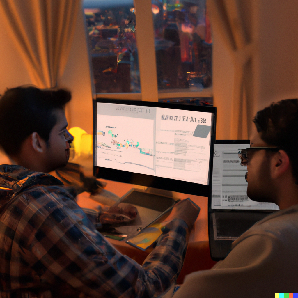 Trader and programmer working together to develop a fore trading algorithm - AI picture by DALL-E