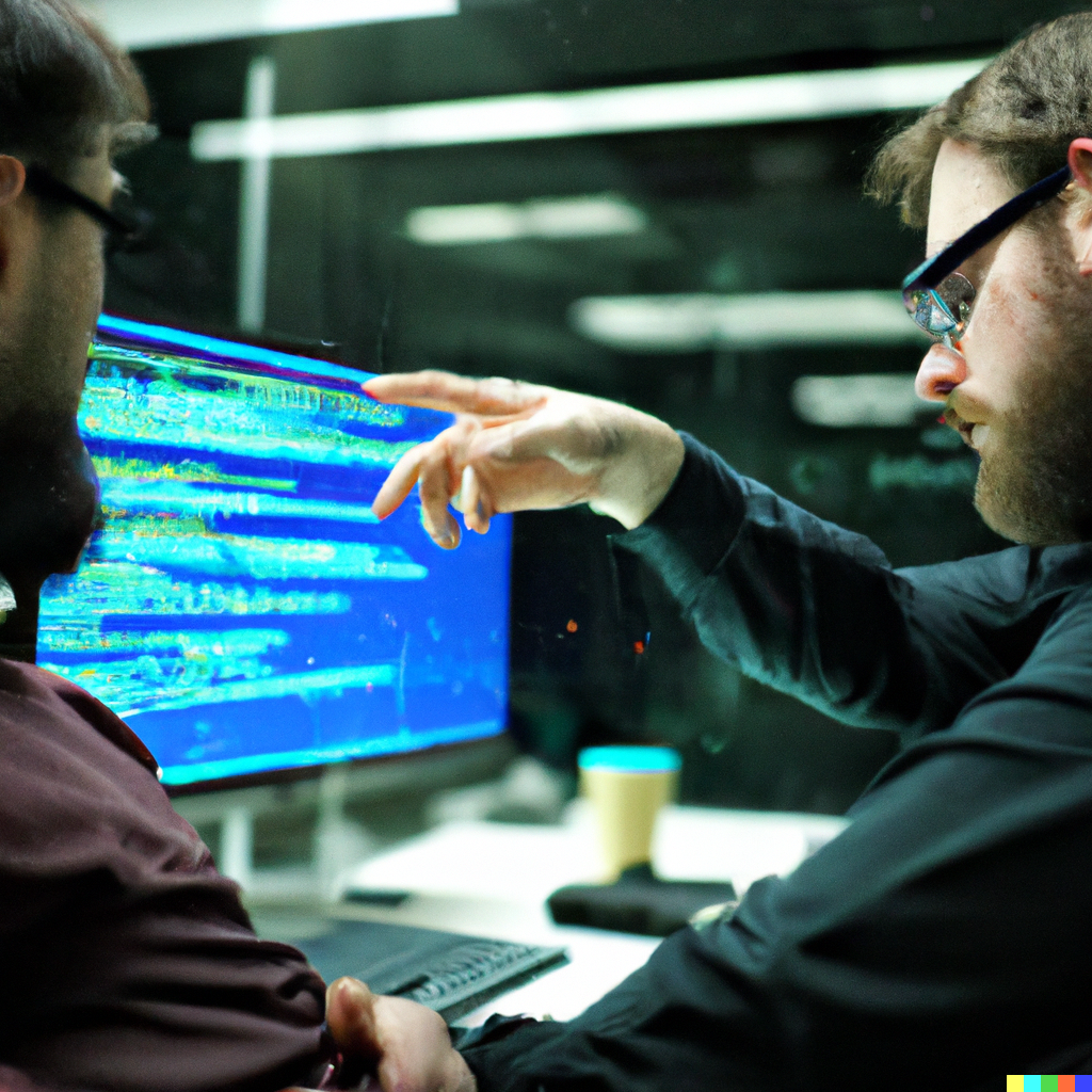 Coders trying to optimize Forex Trading Algorihtm based on the traders feedback - Picture by AI DALL-E