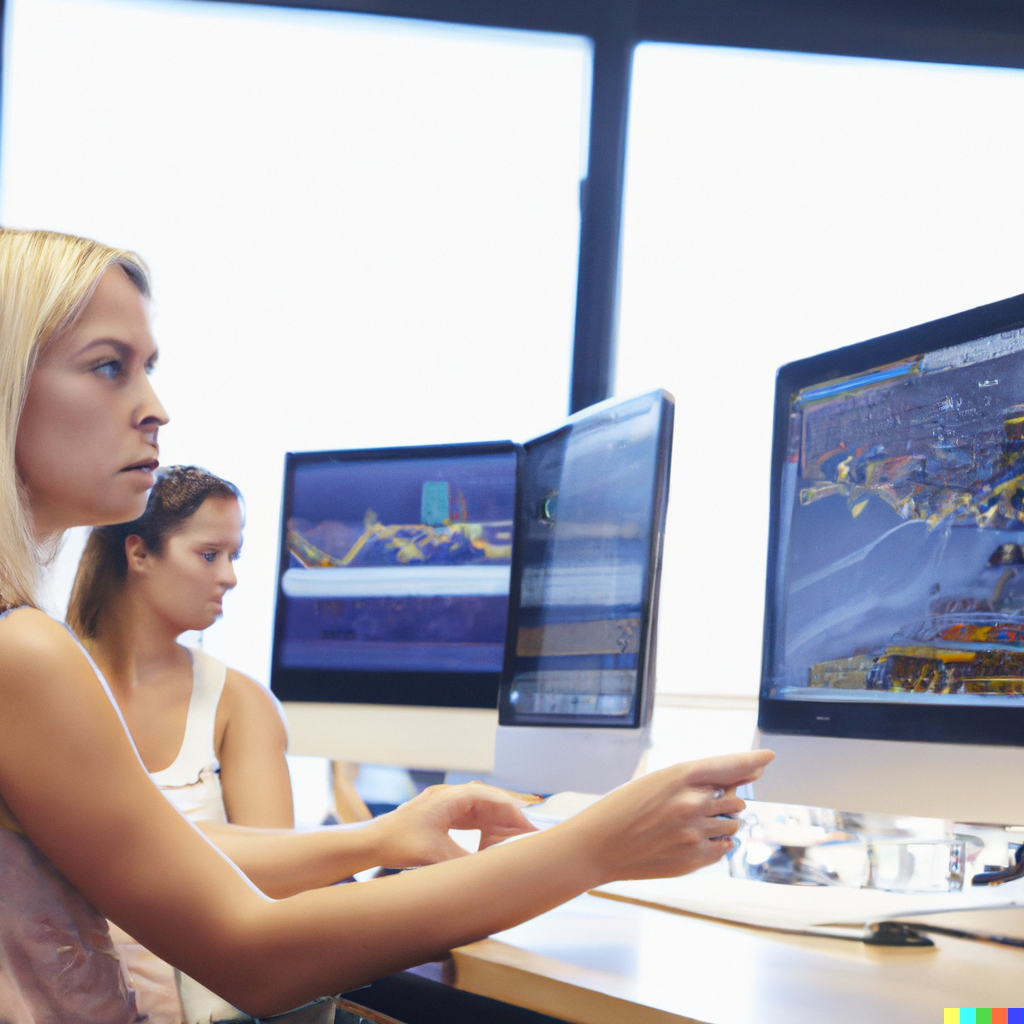 Woman traders evaluating their Forex Trading Algo using MetaTrader - Picture by AI DALL-E