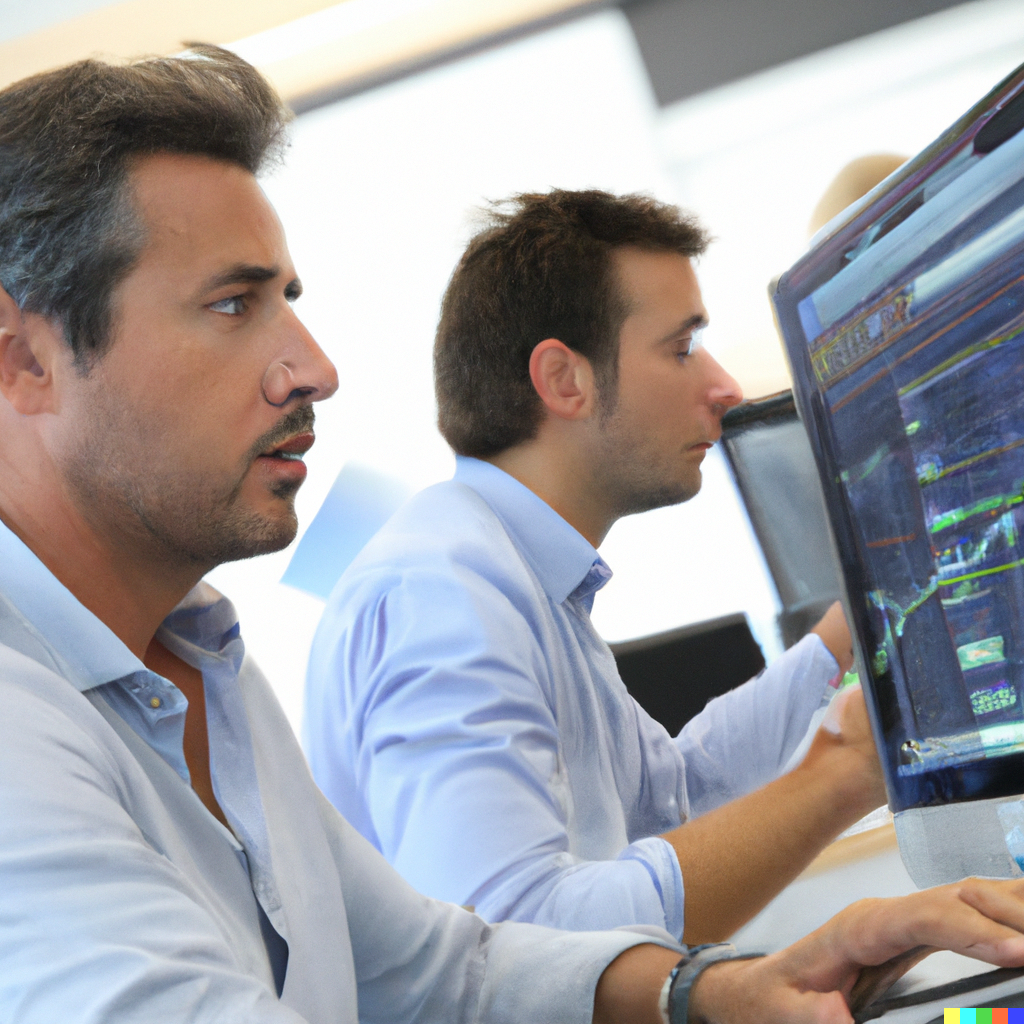 Guys implementing their Forex Trading Algorihtm using MetaTrader - Picture by AI DALL-E