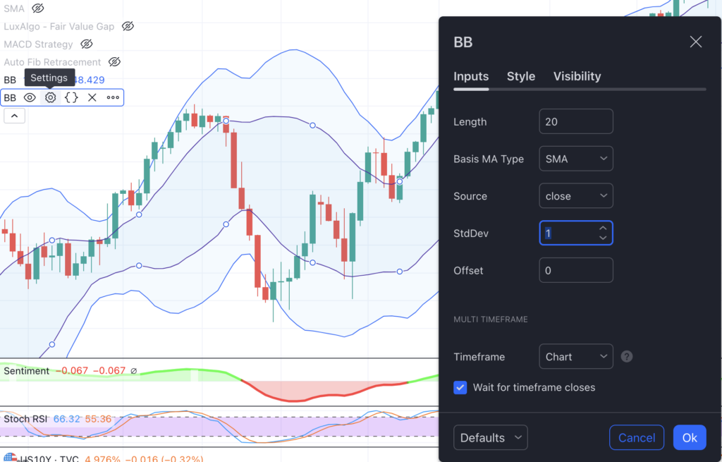 Editing Bollinger Band in TradingView to utilize the MacroFXTrader Bollinger Bands Strategy in Forex Trading