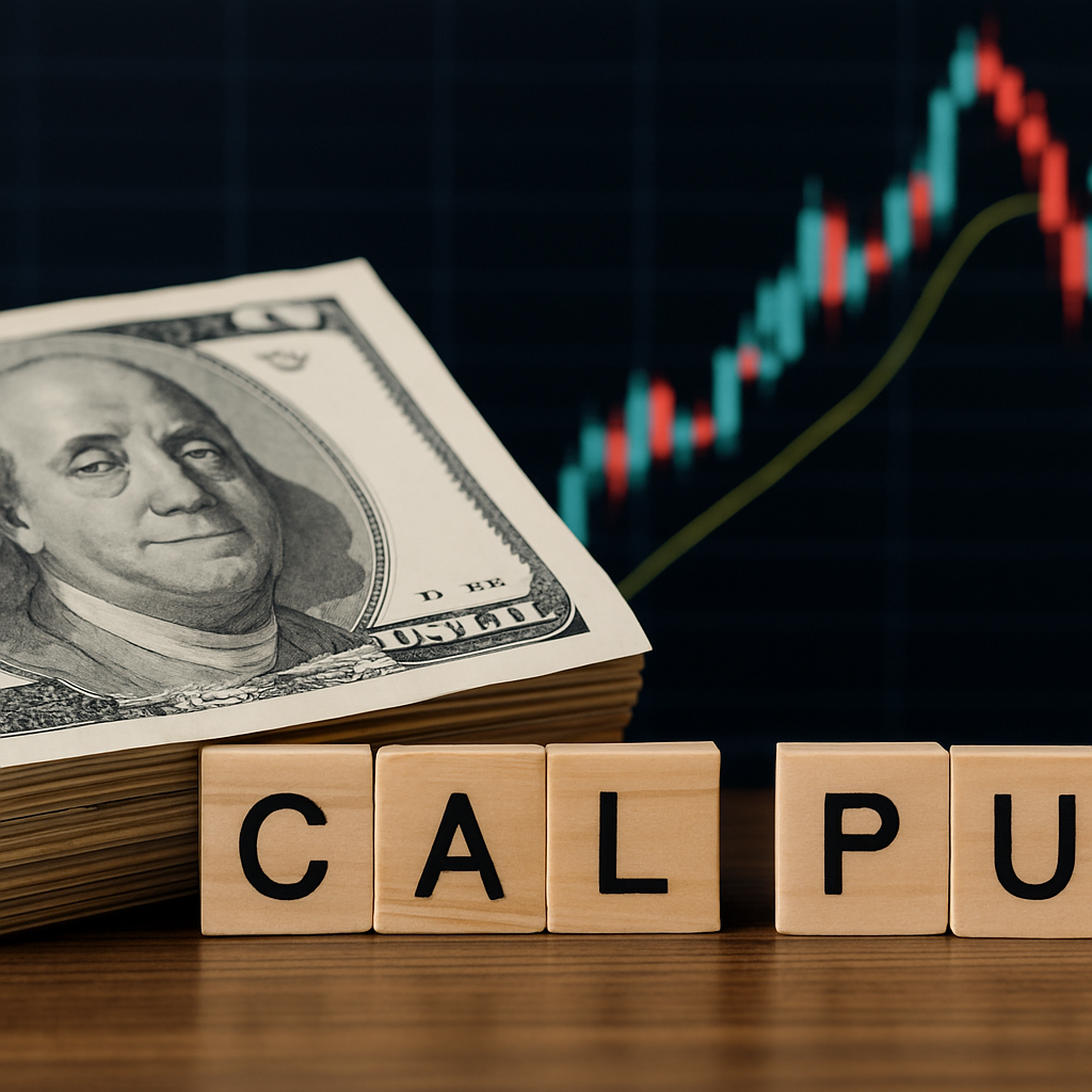 Realistic illustration of gold bars and candlestick charts with sharp swings, symbolizing volatility trading using both call and put options.