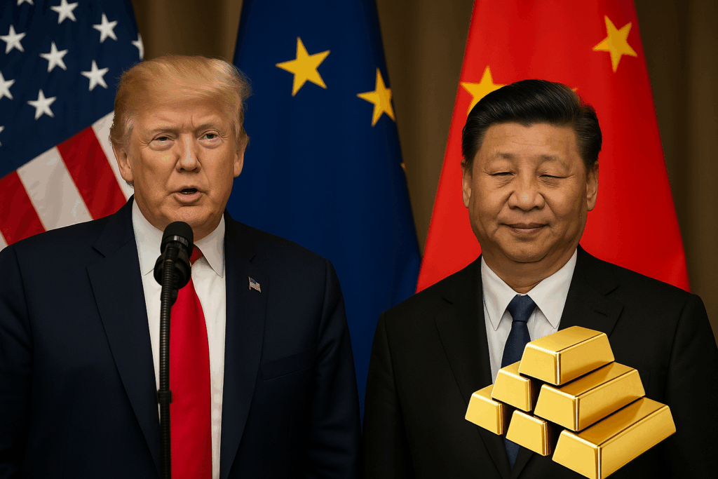 Gold bars on trading desk with US, China, Russia, and EU flags in background — symbolizing global geopolitical tensions, gold volatility, and macro trading strategy.