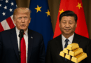 Gold bars on trading desk with US, China, Russia, and EU flags in background — symbolizing global geopolitical tensions, gold volatility, and macro trading strategy.