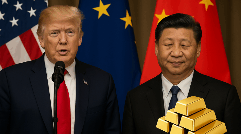 Gold bars on trading desk with US, China, Russia, and EU flags in background — symbolizing global geopolitical tensions, gold volatility, and macro trading strategy.