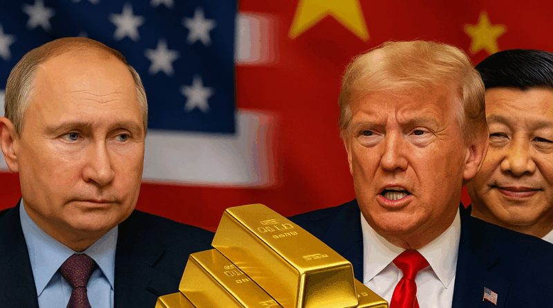 llustration of global geopolitics and gold markets, showing silhouettes of Donald Trump and Vladimir Putin at a diplomatic table with US, Russian, and Chinese flags in the background, and gold bars in the foreground symbolizing safe-haven assets.
