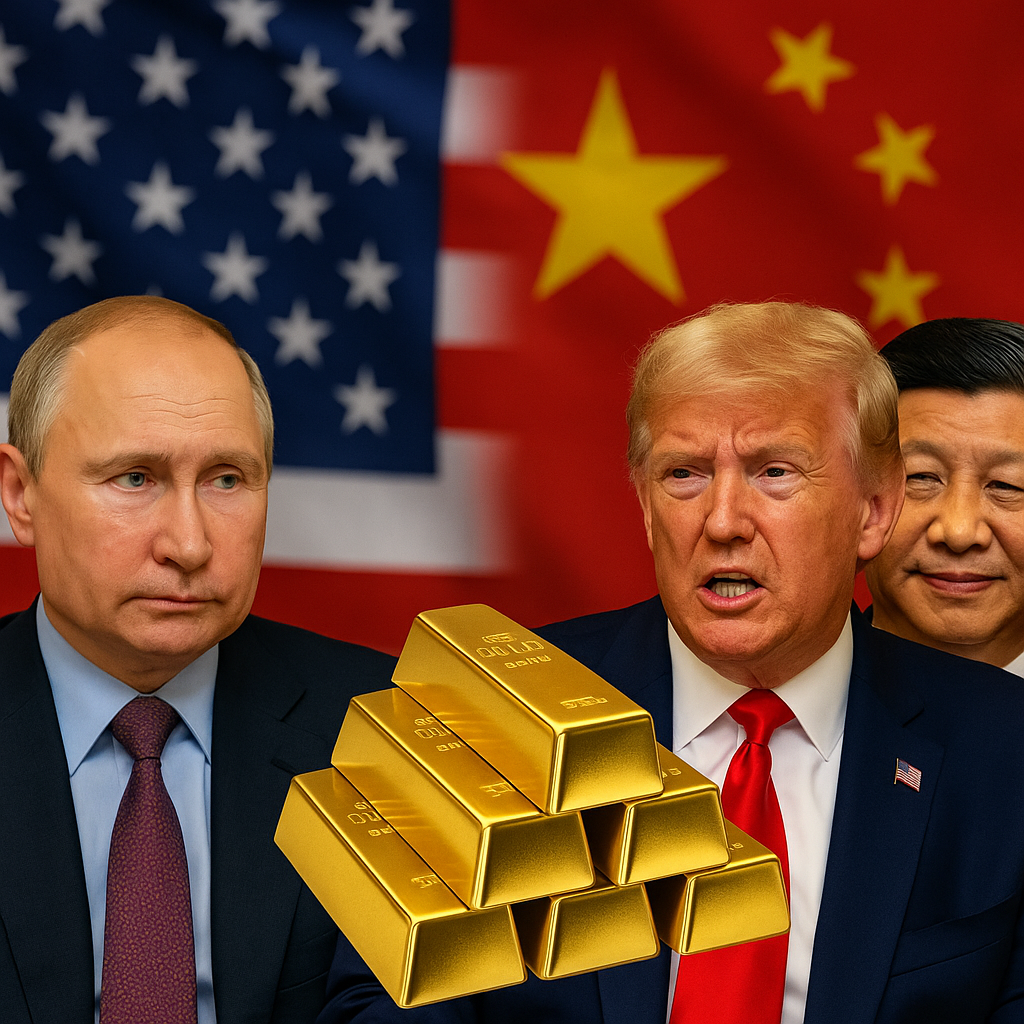 llustration of global geopolitics and gold markets, showing silhouettes of Donald Trump and Vladimir Putin at a diplomatic table with US, Russian, and Chinese flags in the background, and gold bars in the foreground symbolizing safe-haven assets.