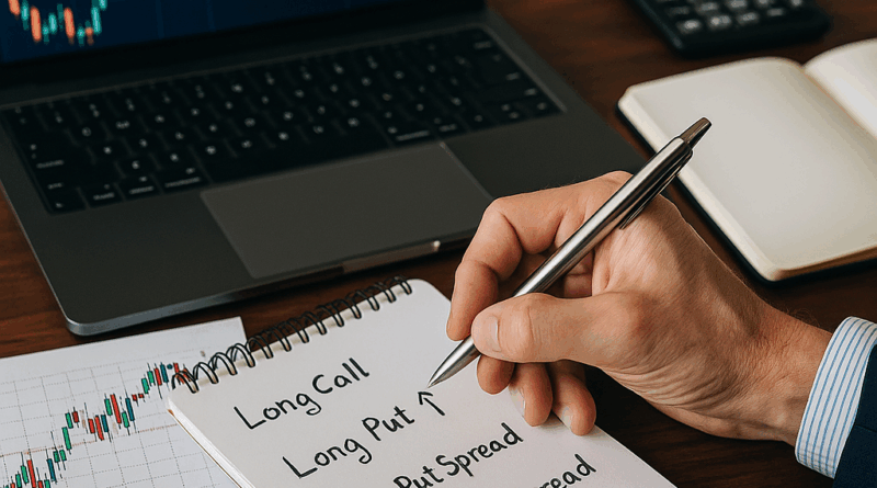 Realistic illustration of gold bars on a table with financial candlestick charts in the background and silhouettes of traders symbolizing options as insurance.