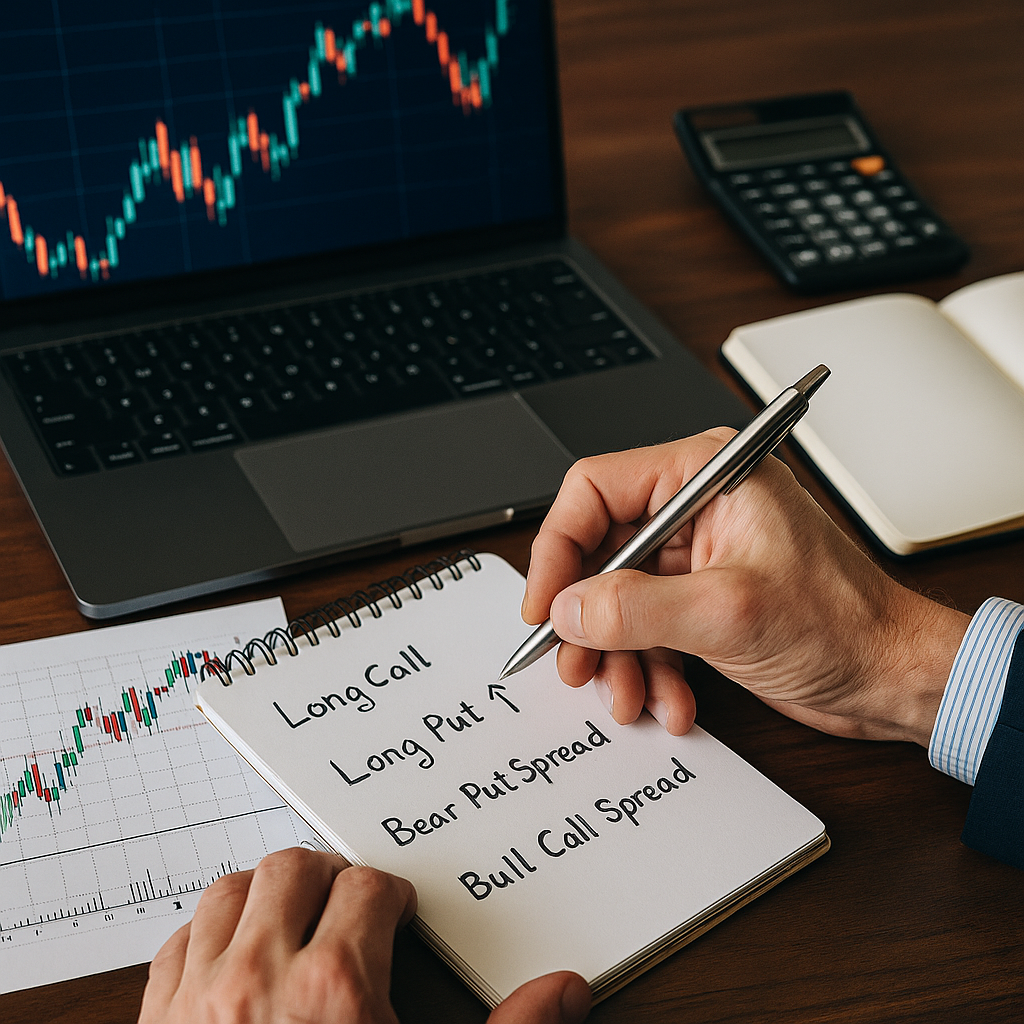 Realistic illustration of gold bars on a table with financial candlestick charts in the background and silhouettes of traders symbolizing options as insurance.