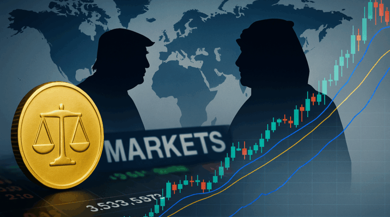 Geopolitical market illustration showing gold price chart, global map and silhouettes of world leaders, symbolizing how political tensions and economic events influence gold trading.