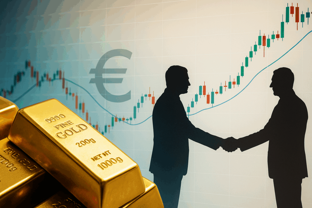 Gold bars in front of XAUEUR candlestick chart and handshake silhouettes, symbolizing peace talks impact on gold in euro.