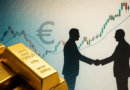 Gold bars in front of XAUEUR candlestick chart and handshake silhouettes, symbolizing peace talks impact on gold in euro.