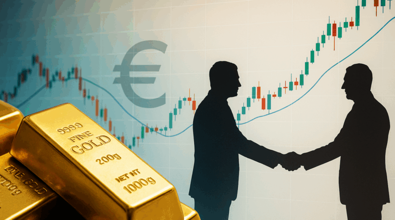 Gold bars in front of XAUEUR candlestick chart and handshake silhouettes, symbolizing peace talks impact on gold in euro.
