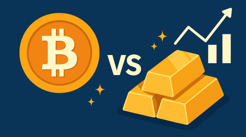 Digital illustration comparing Bitcoin and gold, with a BTC coin on one side and stacked gold bars on the other, symbolizing the 2025 safe-haven debate between crypto and precious metals.