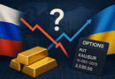 Geopolitical tension impact on gold prices — digital illustration showing Russia–Ukraine flags, rising and falling market chart lines, gold bars, and an options contract for XAU/EUR put, symbolizing volatility and trading decisions.