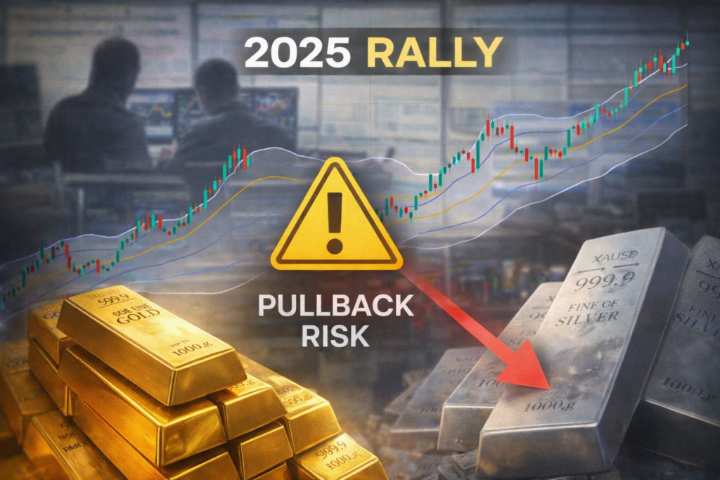 Gold and silver price charts rising sharply in 2025, with traders turning cautious as experts warn of a potential pullback before the next long-term bullish move.
