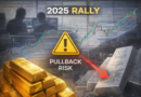 Gold and silver price charts rising sharply in 2025, with traders turning cautious as experts warn of a potential pullback before the next long-term bullish move.