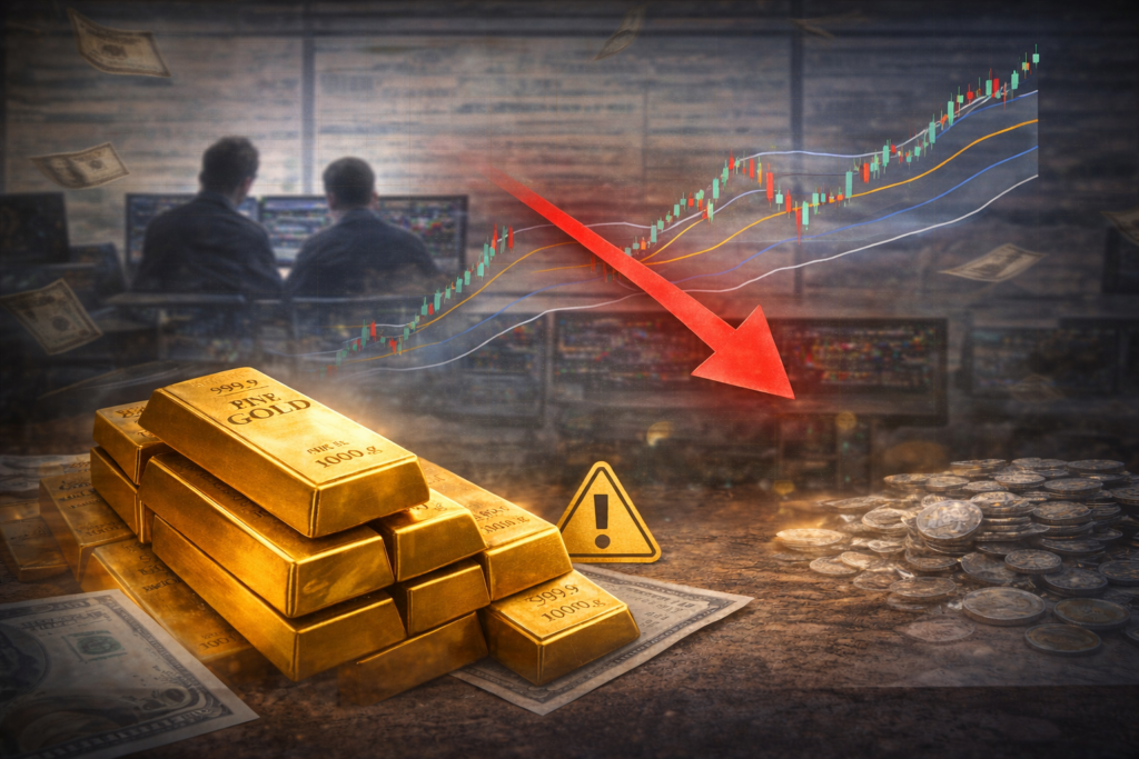 Gold and silver market outlook illustration showing stacked gold bars, scattered silver coins, and a downward risk signal in a trading environment, highlighting expectations of a potential pullback after a strong rally.