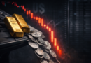 Gold bars and silver coins sliding off a desk beside a red candlestick chart, symbolizing a sudden precious-metals crash.