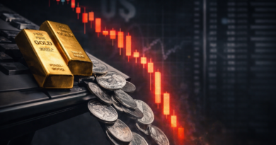 Gold bars and silver coins sliding off a desk beside a red candlestick chart, symbolizing a sudden precious-metals crash.