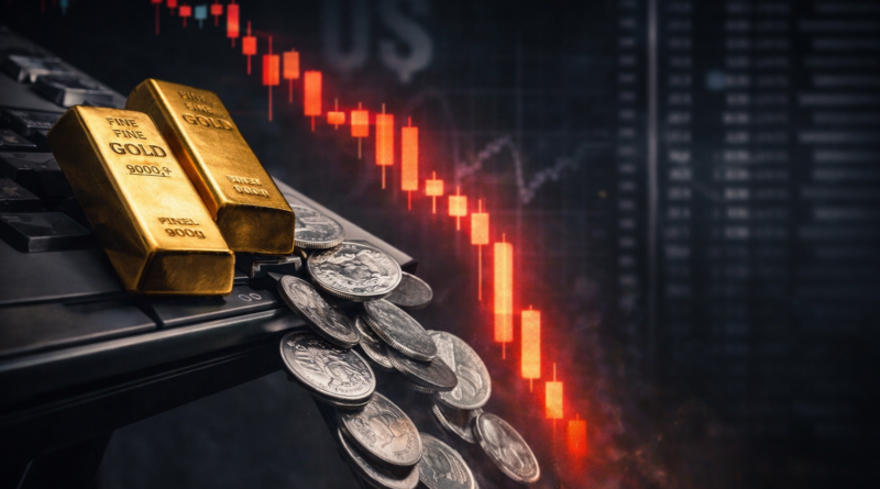 Gold bars and silver coins sliding off a desk beside a red candlestick chart, symbolizing a sudden precious-metals crash.